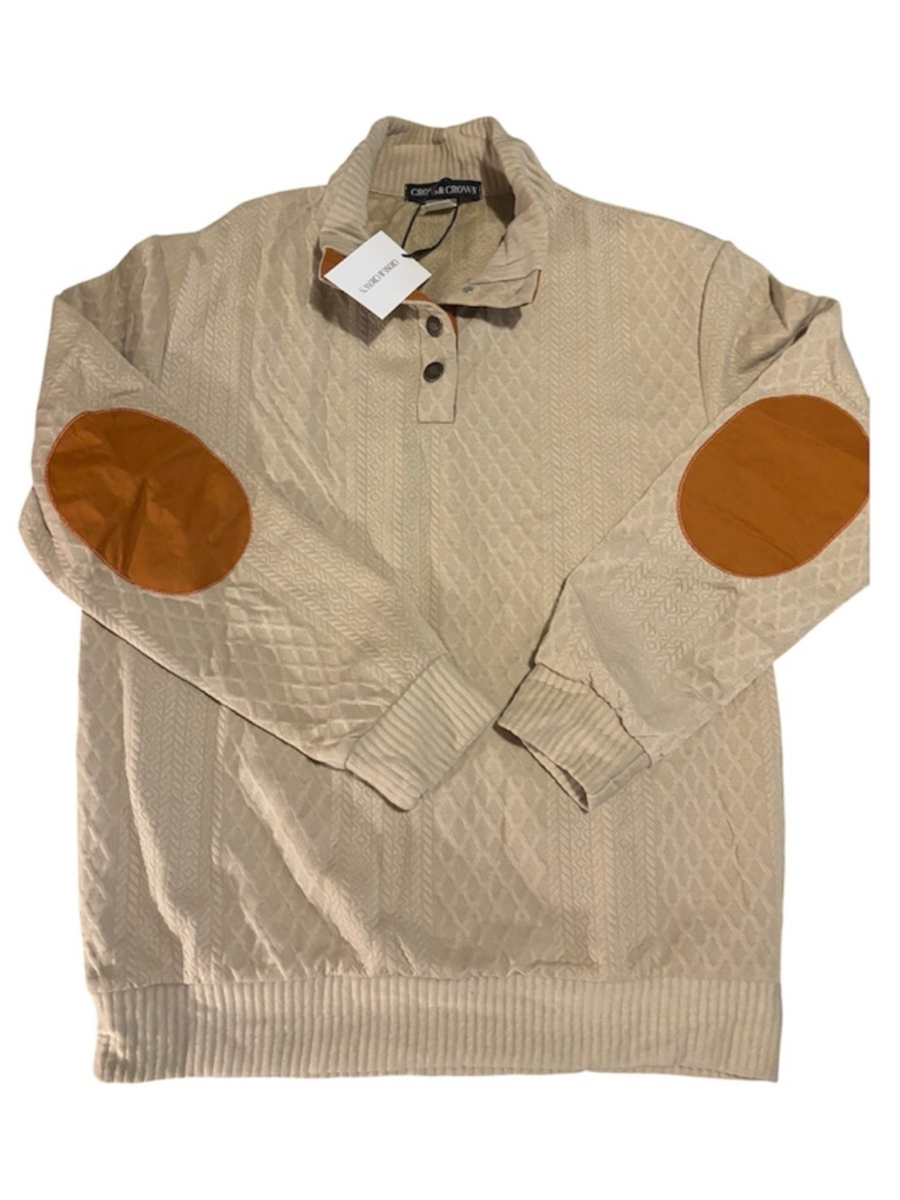 Cross and Crown Beige Quilted Pullover with Tan Elbow Patches NWT Medium